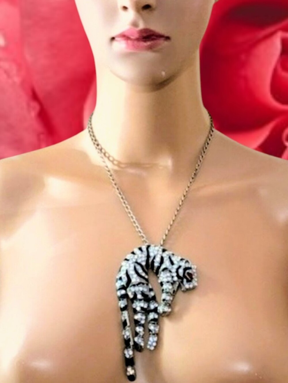 Vintage Leopard necklace costume Art Deco enamel & Rhinestone Ruby - Picture 15 of 16